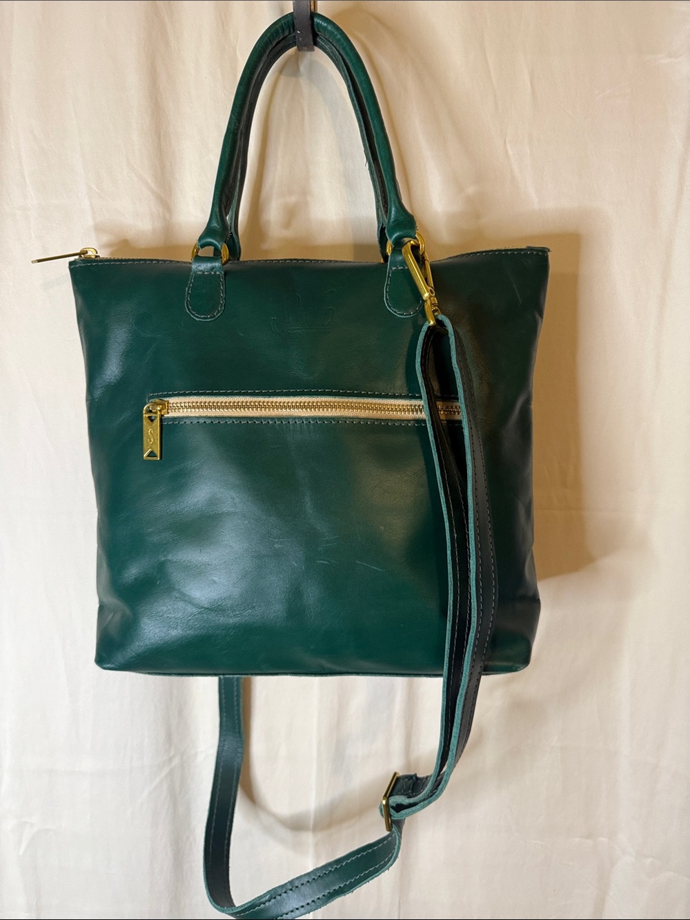 Green Leather Tote with Zip Pocket and Detachable Strap - Sseko